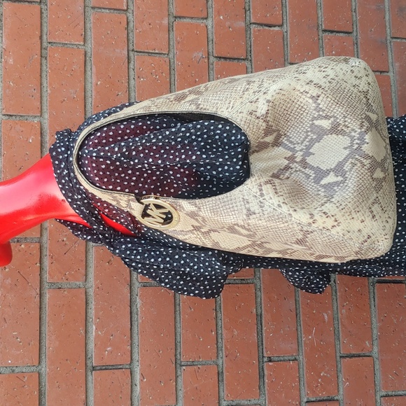 Michael Kors Leather Snake Print Hobo Bag in Cream and Brown - Picture 4 of 16